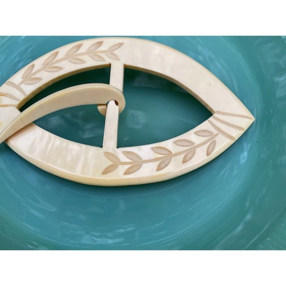 Antique Art Deco HUGE carved Celluloid Ladies Belt Buckle 5" - Picture 9 of 9